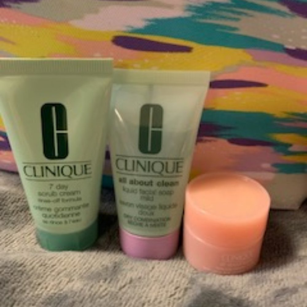 3 Clinique samples,  keychain and a cosmetic bag